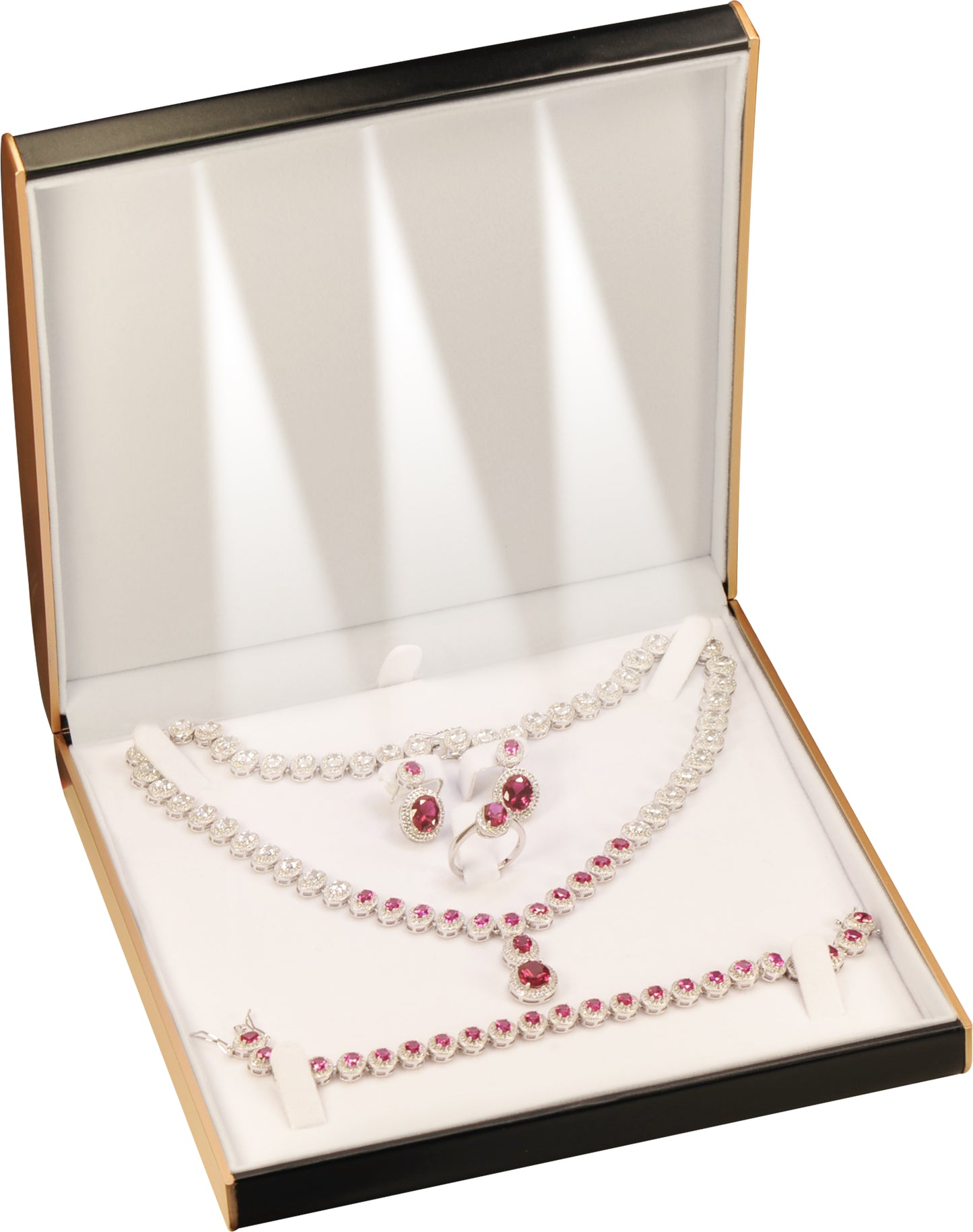 6 Piece Wholesale Bulk LED Extra Large Necklace Earring Ring and Bracelet Set Boxes Luxury PU Leather Dome Top Design