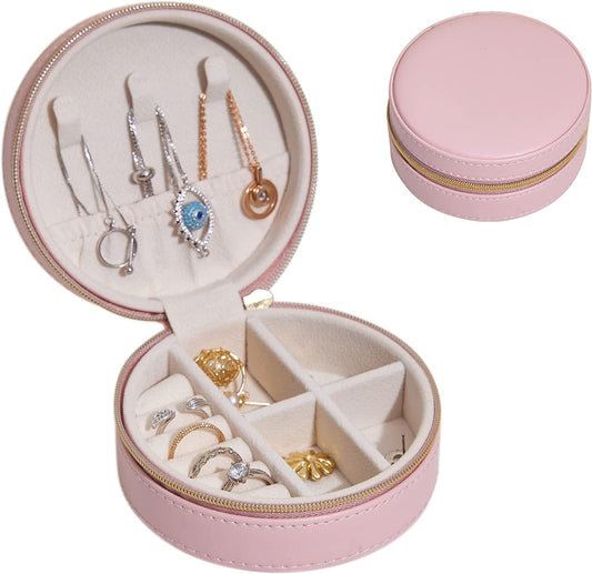 Pink Color Small Travel Luxury Jewelry Organizer Box Premium PU Leather Exterior and Soft Velvet Interior Purse for Rings Earrings Necklaces Gift Women Girls