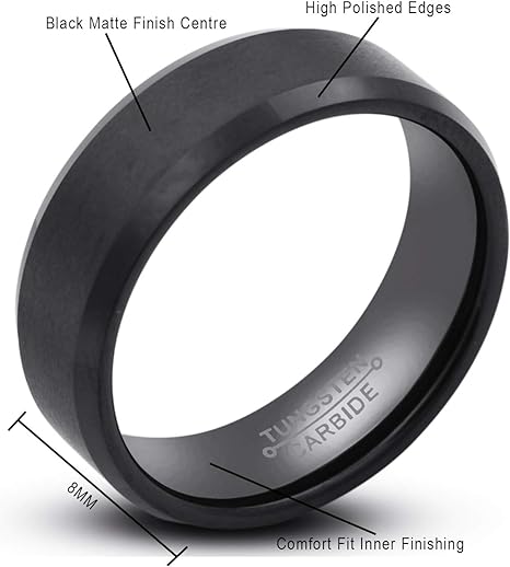 8MM Tungsten Wedding Band Ring for Men for Women Comfort Fit Black Matte Finish Centre High Polished Edges