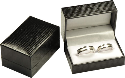 Black Double Ring Box Luxury Textured Leatherette Exterior & Satin Top Material Couple Jewelry Gift Holder for Wedding, Proposal, Engagement, 3(W)x2(D)x1.6(H) inch