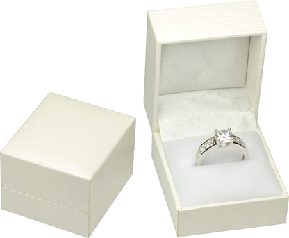 Wholesale White Color Ring Box Luxury Textured Leatherette Exterior and Satin Top Material Ring Gift Box for Wedding, Proposal, Engagement, Birthday, Valentine' Day, Mother's Day, Christmas.