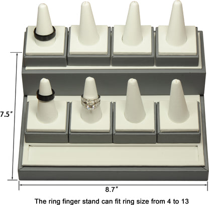 8-Finger-Stand Ring Holder Platform Display Premium PU Leather and Solid Wood Material Perfect for Luxury Wedding Ring Engagement Ring Presentation Whole Display Set Including 8 Finger Display Stands and 2 Riser Platforms