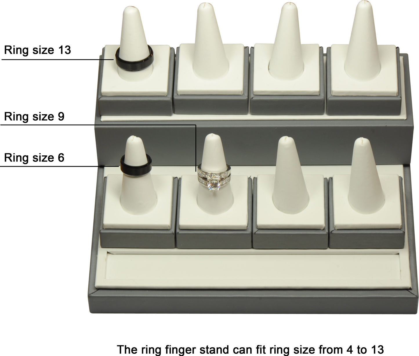 8-Finger-Stand Ring Holder Platform Display Premium PU Leather and Solid Wood Material Perfect for Luxury Wedding Ring Engagement Ring Presentation Whole Display Set Including 8 Finger Display Stands and 2 Riser Platforms